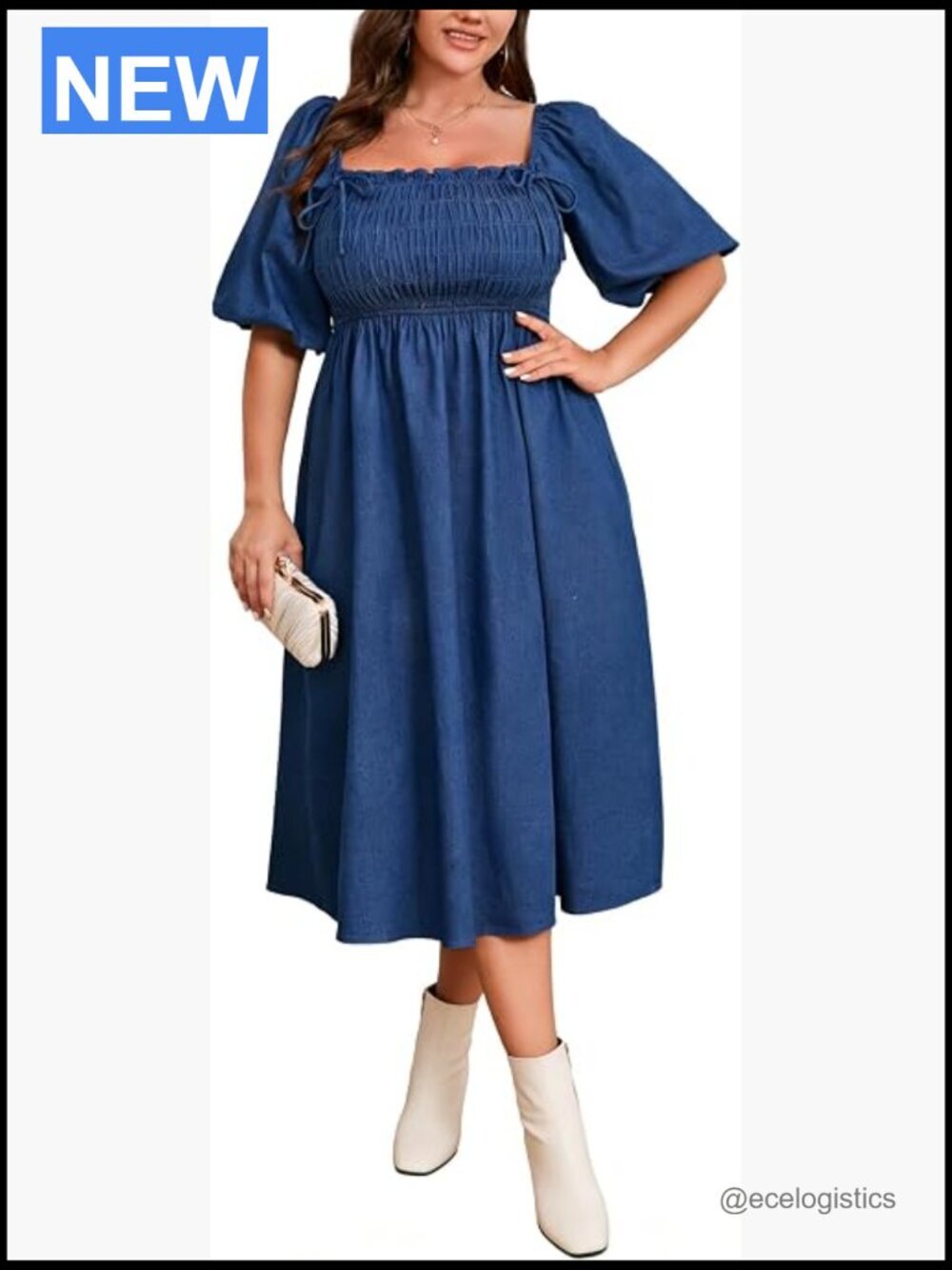 Plus Size Denim Dress L-4XL Reversible Off Shoulder Short Sleeve Pockets